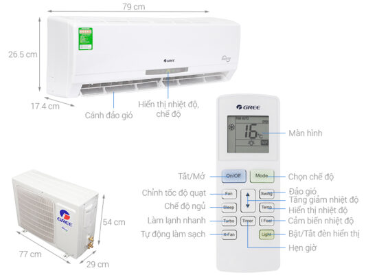 Hình ảnh mô tả chi tiết cấu tạo điều hòa Gree bao gồm dàn lạnh, dàn nóng và remote điều khiển, kèm theo các chức năng hiển thị nhiệt độ, chế độ làm lạnh và điều chỉnh quạt gió. Đặc biệt, thông qua màn hình hiển thị và remote, người dùng có thể dễ dàng nhận biết các mã lỗi điều hòa Gree khi thiết bị gặp sự cố trong quá trình sử dụng. Việc hiểu rõ bảng mã lỗi giúp nhanh chóng xác định nguyên nhân hỏng hóc, từ đó có phương án xử lý kịp thời, tránh ảnh hưởng đến hiệu suất làm lạnh và tuổi thọ máy.