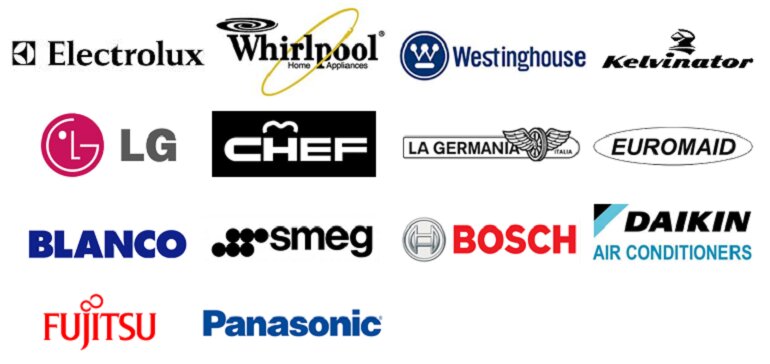 Hình ảnh tổng hợp logo các thương hiệu thiết bị gia dụng và điện lạnh nổi tiếng gồm LG, Chef, La Germania, Euromaid, Blanco, Smeg, Bosch và Daikin trên nền sáng, thể hiện sự đa dạng thương hiệu cao cấp.