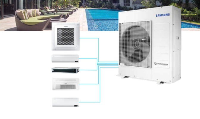 Hình ảnh hệ thống máy lạnh multi Samsung sử dụng một dàn nóng Digital Inverter kết nối nhiều dàn lạnh khác nhau như điều hòa treo tường, âm trần cassette, âm trần nối ống gió và áp trần. Giải pháp điều hòa không khí hiện đại giúp tiết kiệm điện năng, tối ưu không gian lắp đặt, phù hợp cho căn hộ, biệt thự và văn phòng.