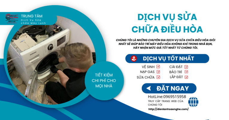 Hình ảnh quảng cáo dịch vụ sửa chữa điều hòa của trung tâm điện lạnh Sao Nghệ, với kỹ thuật viên đang kiểm tra và sửa chữa thiết bị tại nhà. Dịch vụ bao gồm vệ sinh, nạp gas, bảo trì và lắp đặt điều hòa, cam kết uy tín, nhanh chóng, giá tốt tại Hà Nội. Hotline liên hệ 0969515958, website dienlanhsaonghe.com.